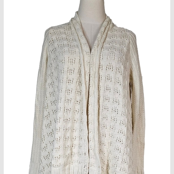 Lucky Brand Open Knit Cardigan Sweater Medium Cream Beige Southwest Boho Chunky - Picture 6 of 11